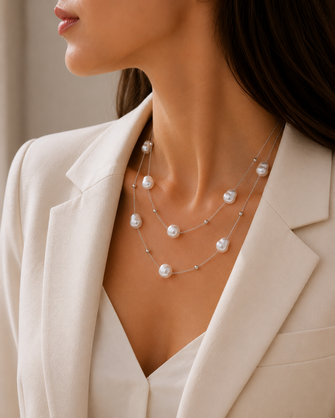 Doppelkette mit Perlen – Edelstahl Halskette Gold & Silber