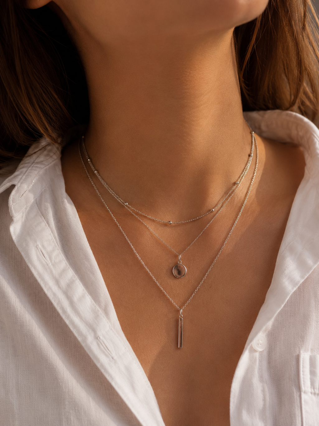 3-reihige Layering Halskette Silber – Edelstahl Kette mit Anhängern