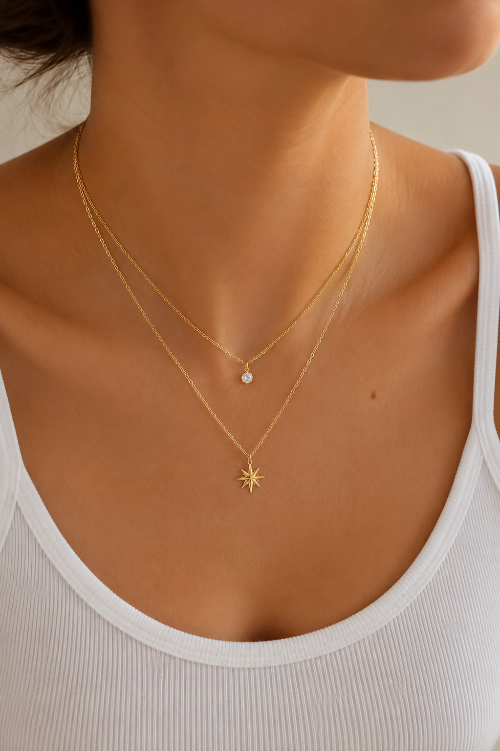 Doppelkette mit Stern Anhänger & Zirkonia – Edelstahl Gold & Silber