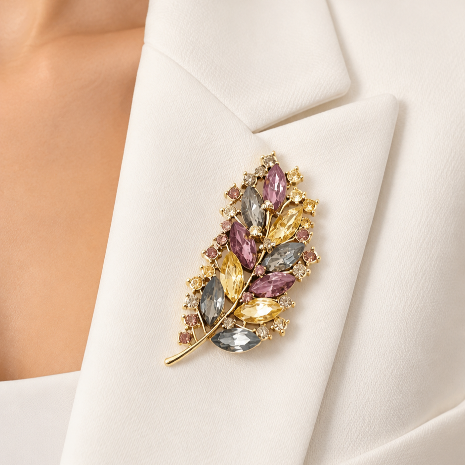 Blätter Brosche Gold mit Kristallsteinen | Damen Brosche