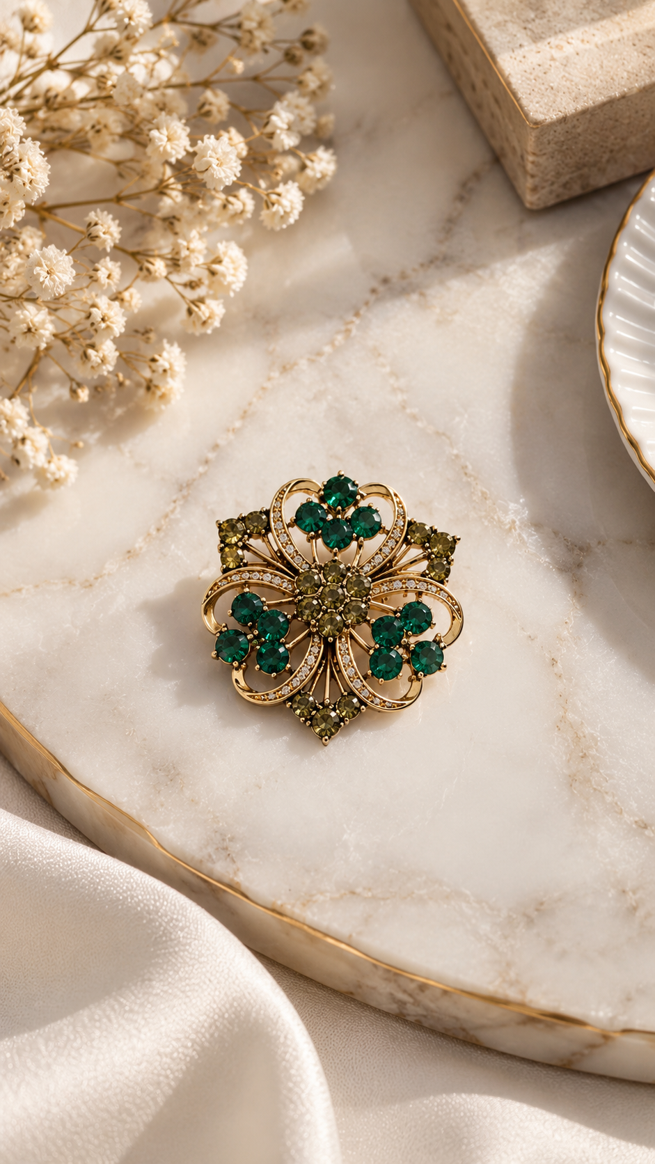 Grüne Blumenbrosche mit Strasssteinen – Elegante Brosche in Gold | Vintage Schmuck für Damen