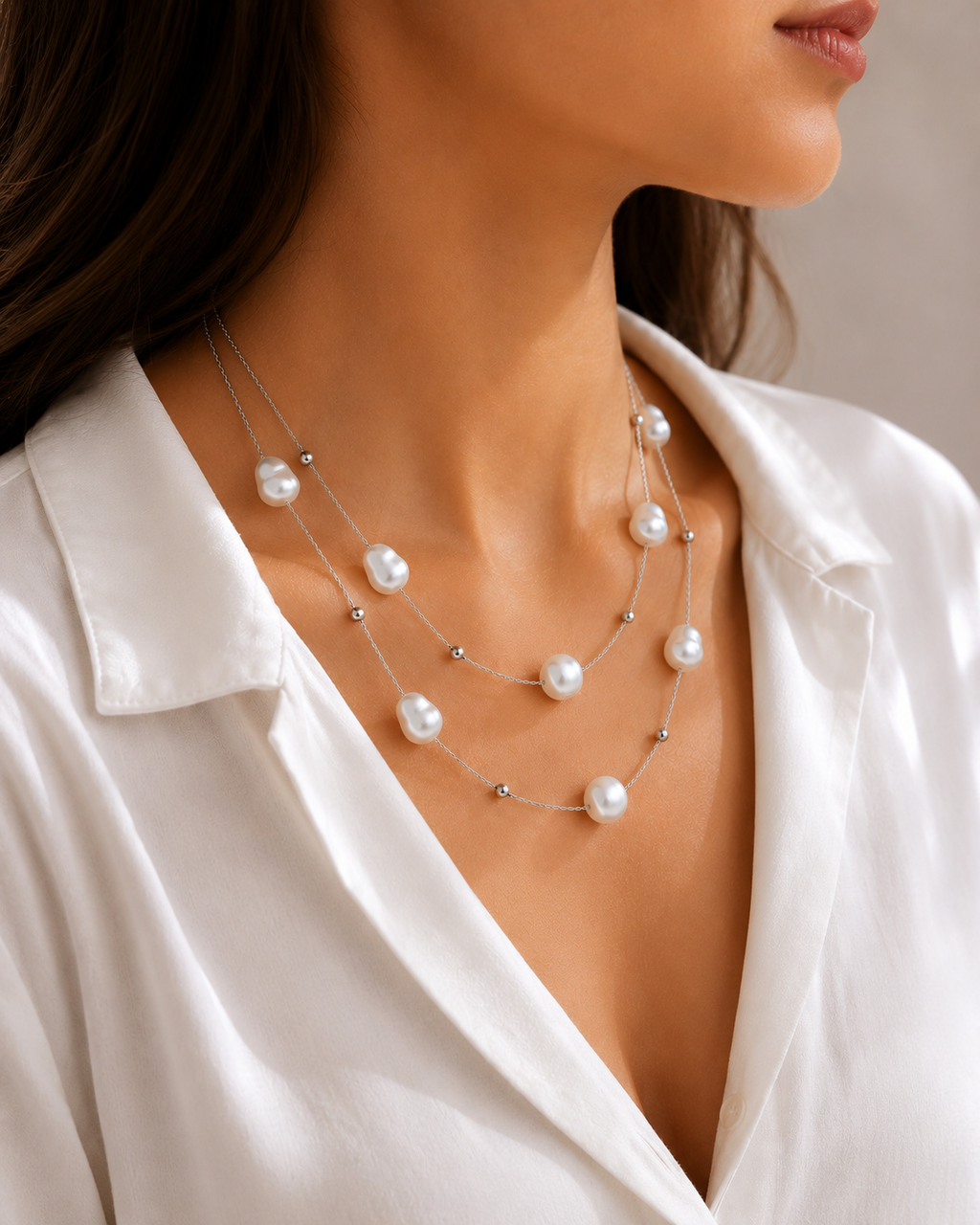 Doppelkette mit Perlen – Edelstahl Halskette Gold & Silber