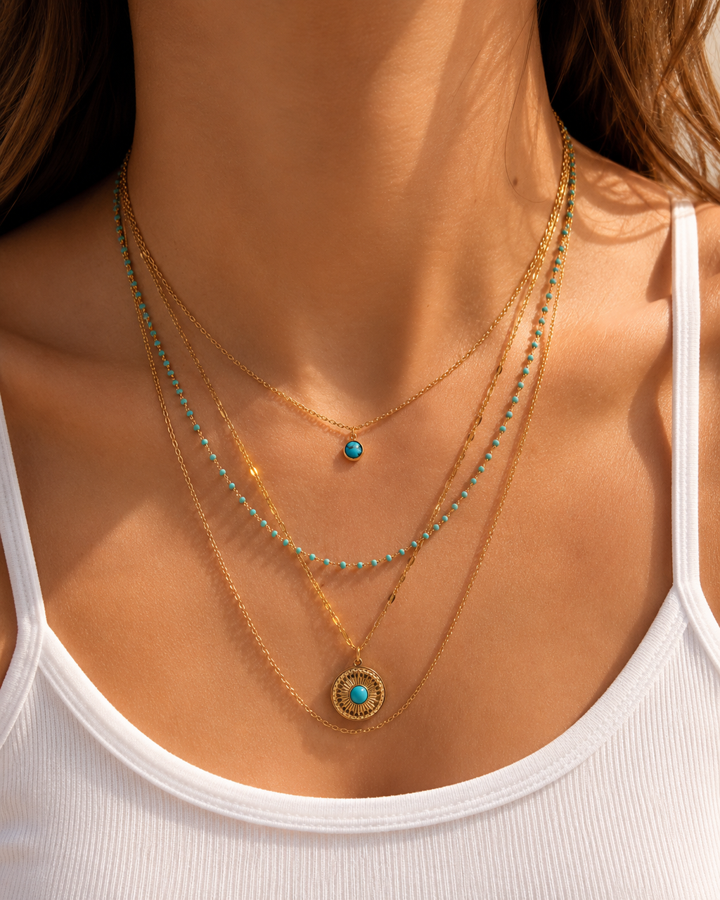 Layering Halskette Türkis & Gold – Mehrreihige Edelstahl Kette mit Anhänger