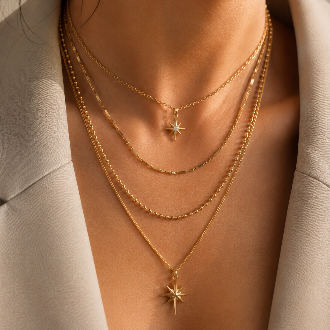 Layering Halskette Gold mit Stern – 2 Doppelkette | Edelstahl 14K vergoldet