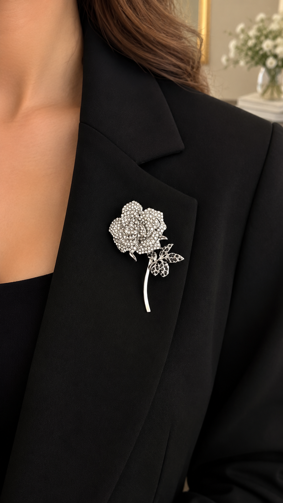 Elegante Rosen Brosche Silber mit Strasssteinen – Vintage Blumenbrosche für Damen