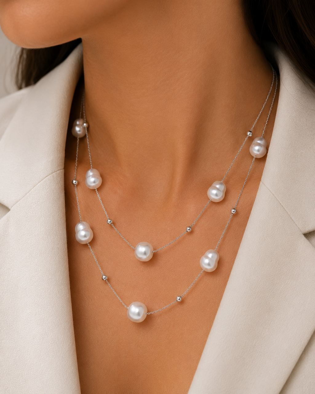 Doppelkette mit Perlen – Edelstahl Halskette Gold & Silber
