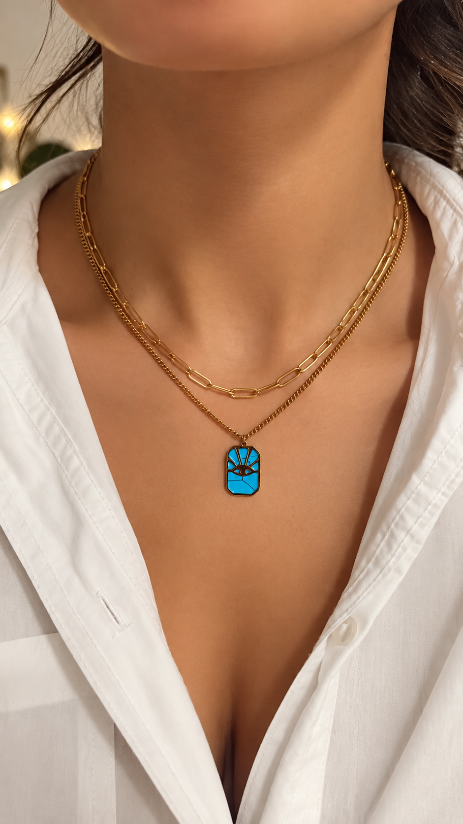 Layering Halskette Gold mit Türkis Augen Anhänger | Edelstahl Doppelkette