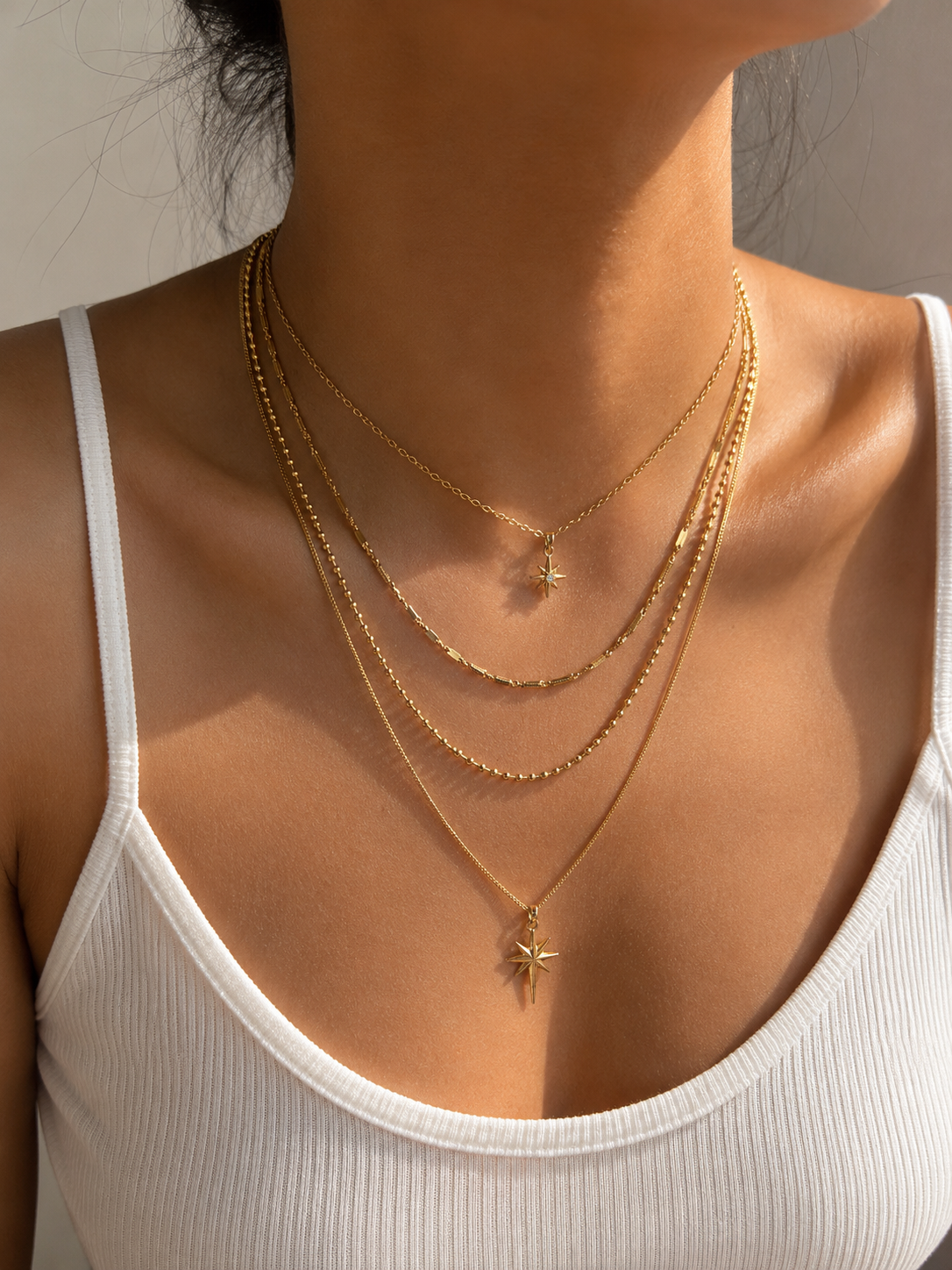 Layering Halskette Gold mit Stern – 2 Doppelkette | Edelstahl 14K vergoldet