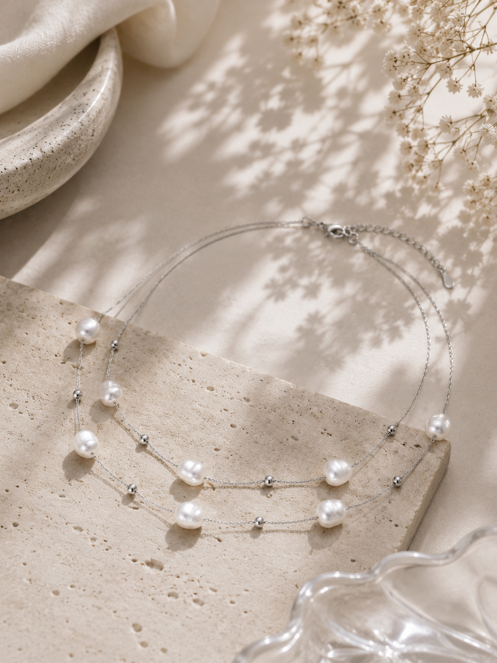Doppelkette mit Perlen – Edelstahl Halskette Gold & Silber