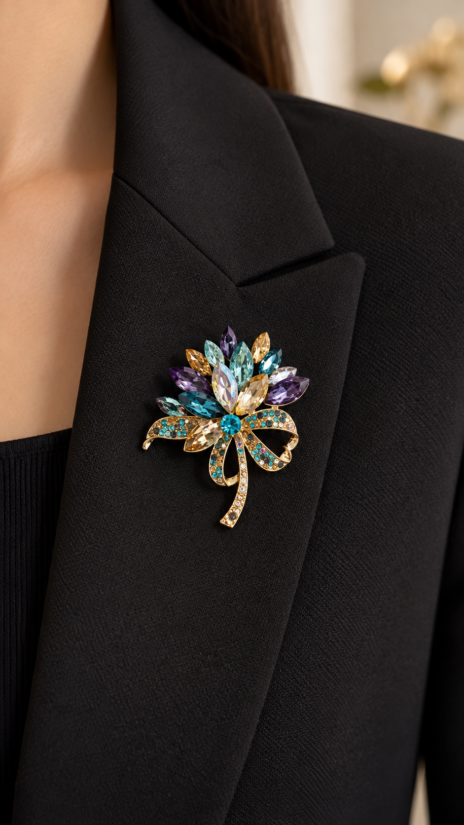 Elegante Blumenbrosche Gold mit Kristallen – Funkelnde Strass Brosche für Damen | 2 Farben