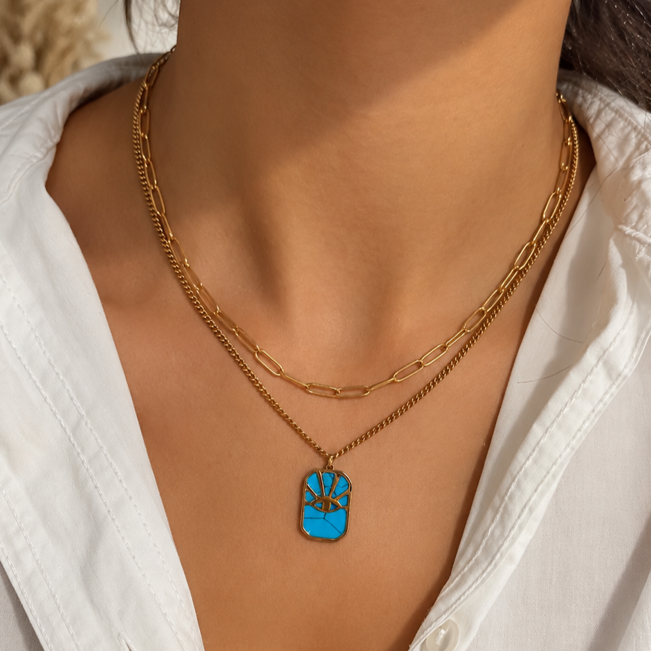 Layering Halskette Gold mit Türkis Augen Anhänger | Edelstahl Doppelkette