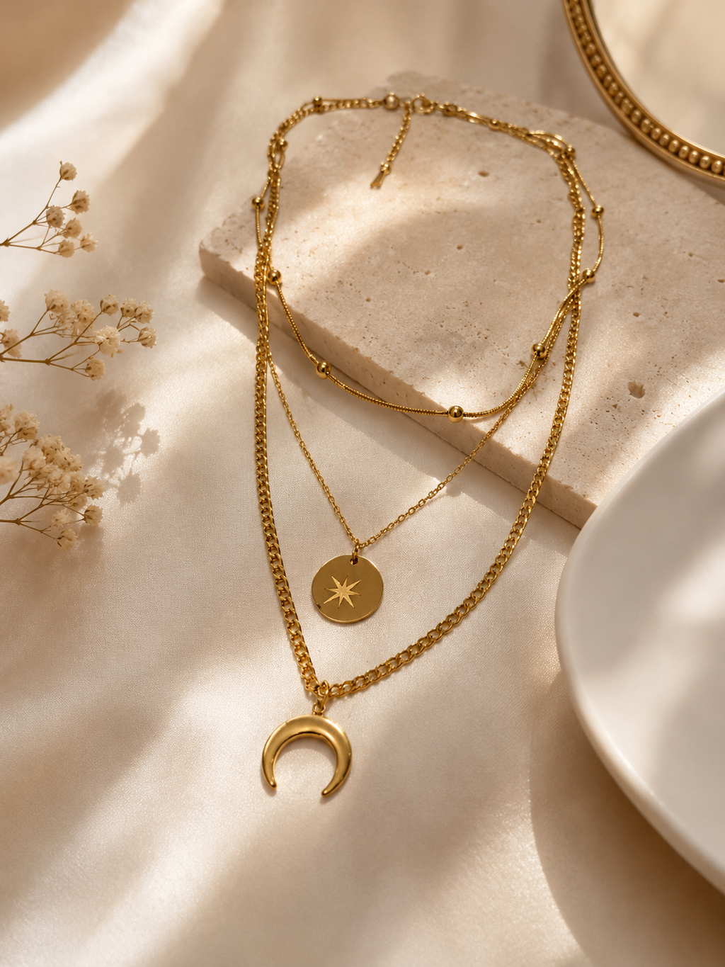 3-reihige Layering Halskette Gold | Mond & Stern Edelstahl Kette