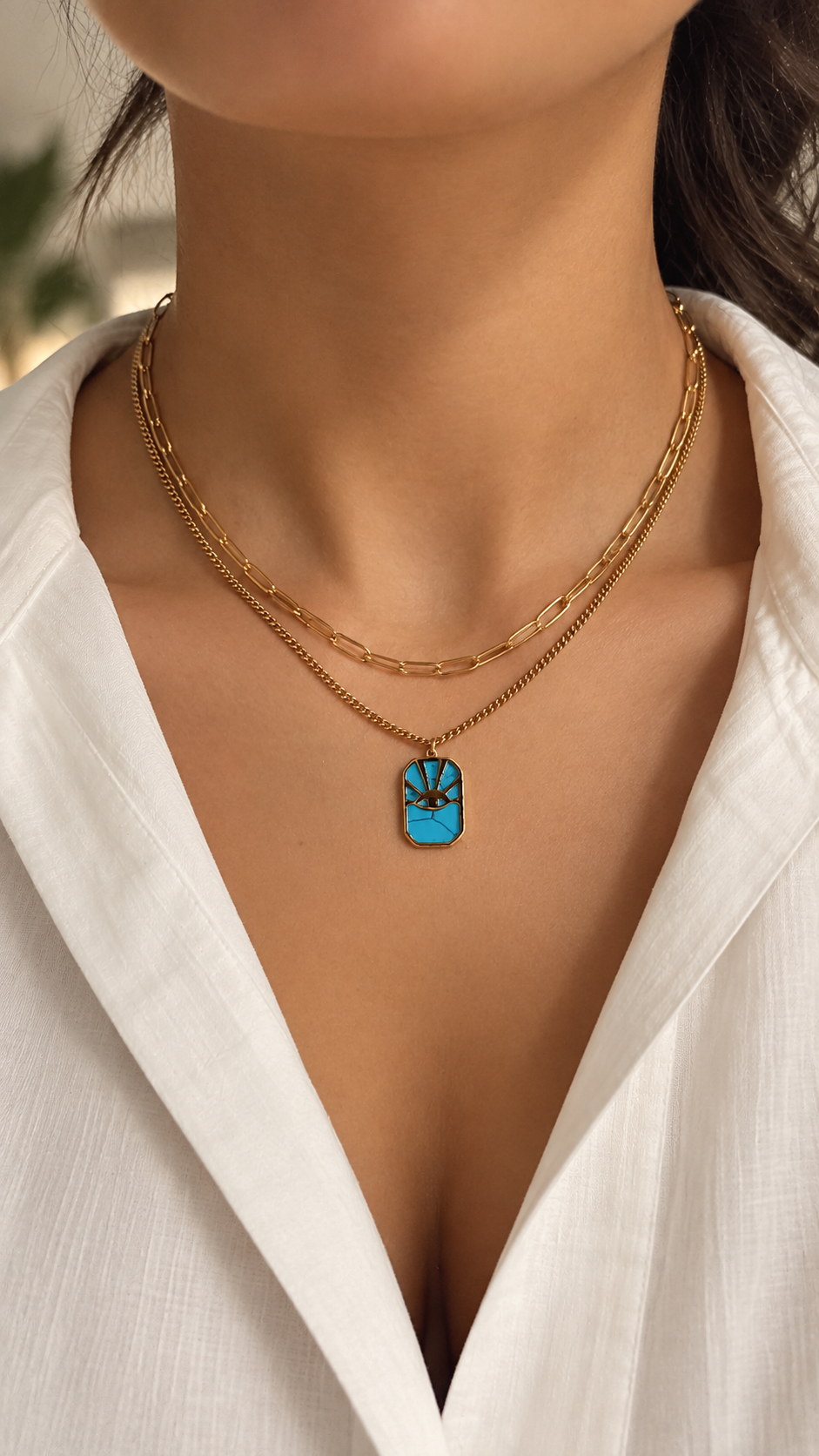 Layering Halskette Gold mit Türkis Augen Anhänger | Edelstahl Doppelkette