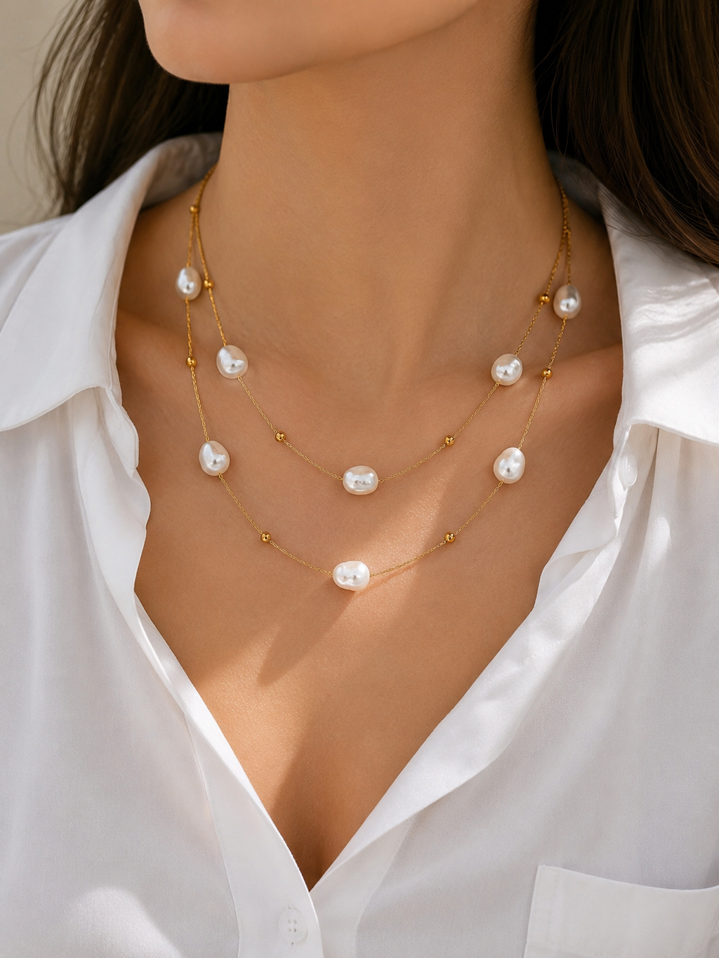 Doppelkette mit Perlen – Edelstahl Halskette Gold & Silber