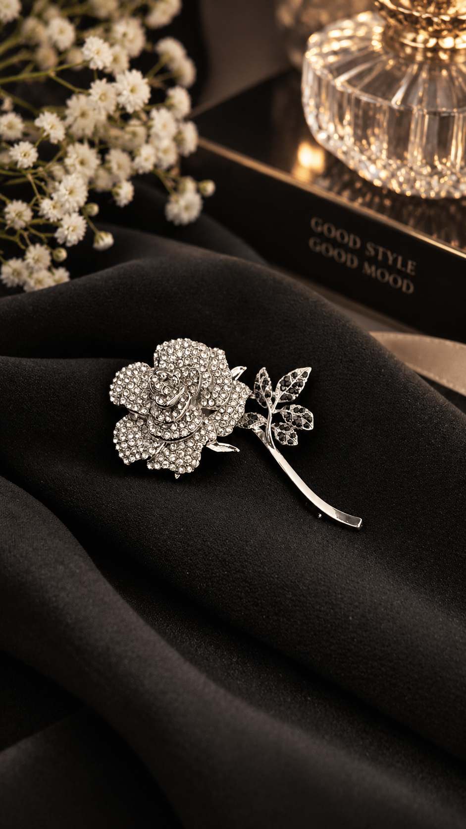 Elegante Rosen Brosche Silber mit Strasssteinen – Vintage Blumenbrosche für Damen