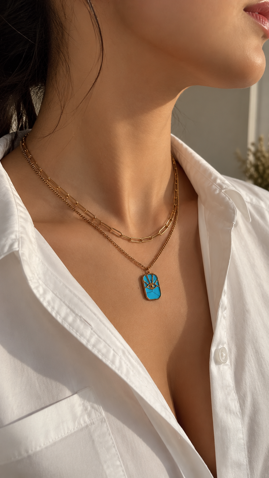 Layering Halskette Gold mit Türkis Augen Anhänger | Edelstahl Doppelkette
