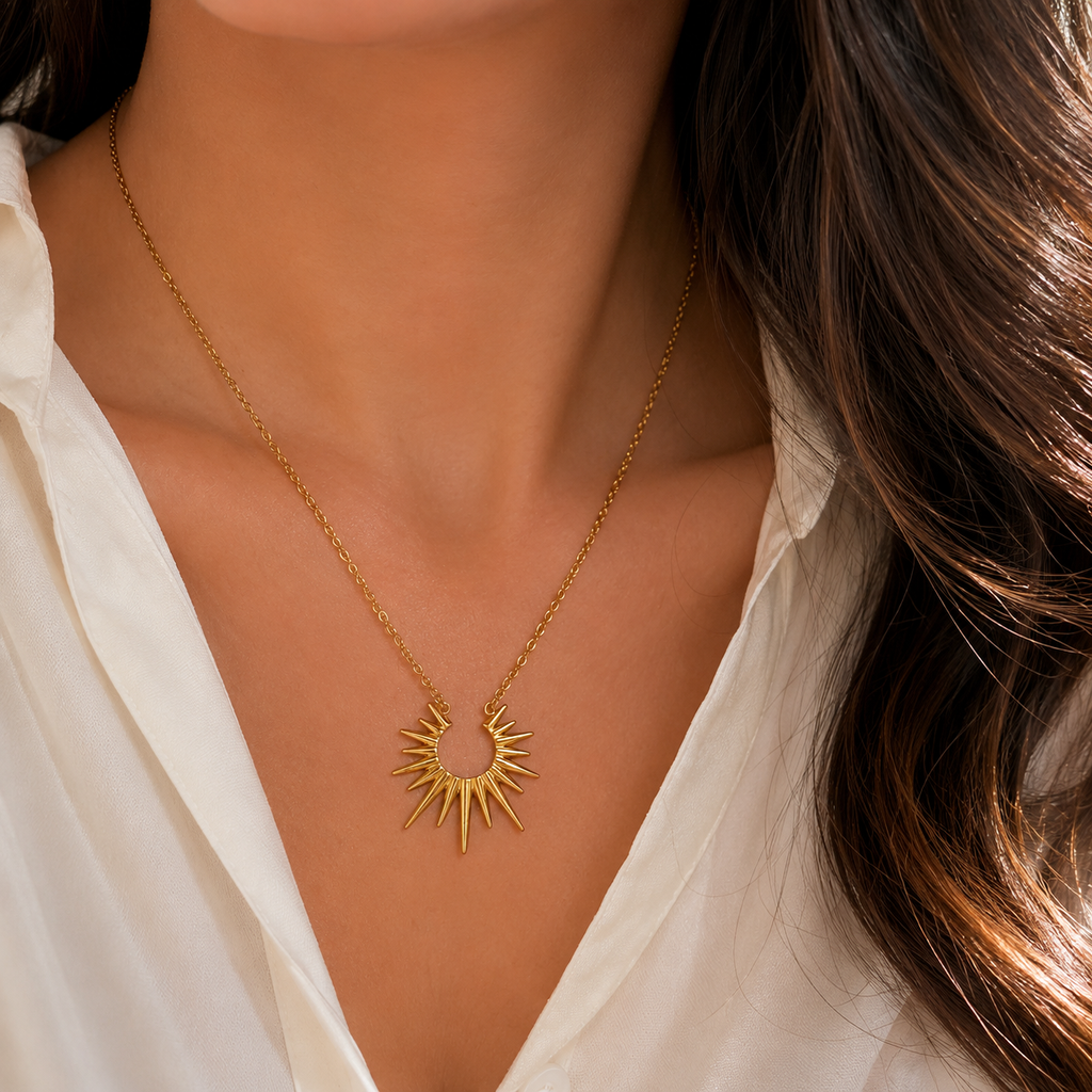 Sonnen Halskette Gold | Edelstahl Kette mit Sunburst Anhänger