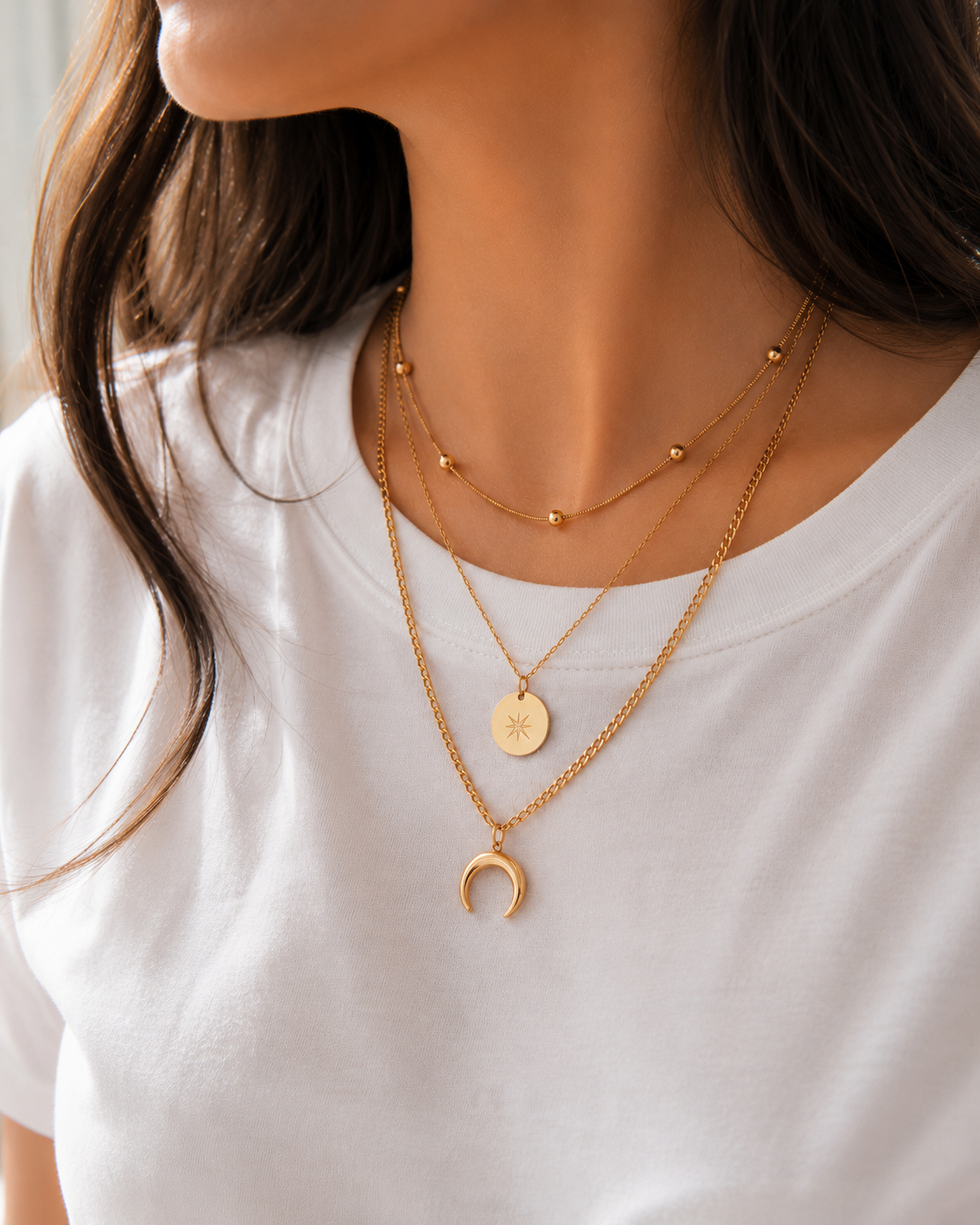 3-reihige Layering Halskette Gold | Mond & Stern Edelstahl Kette