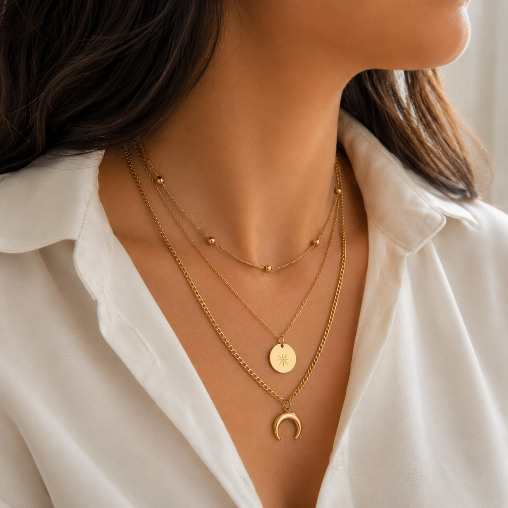 3-reihige Layering Halskette Gold | Mond & Stern Edelstahl Kette