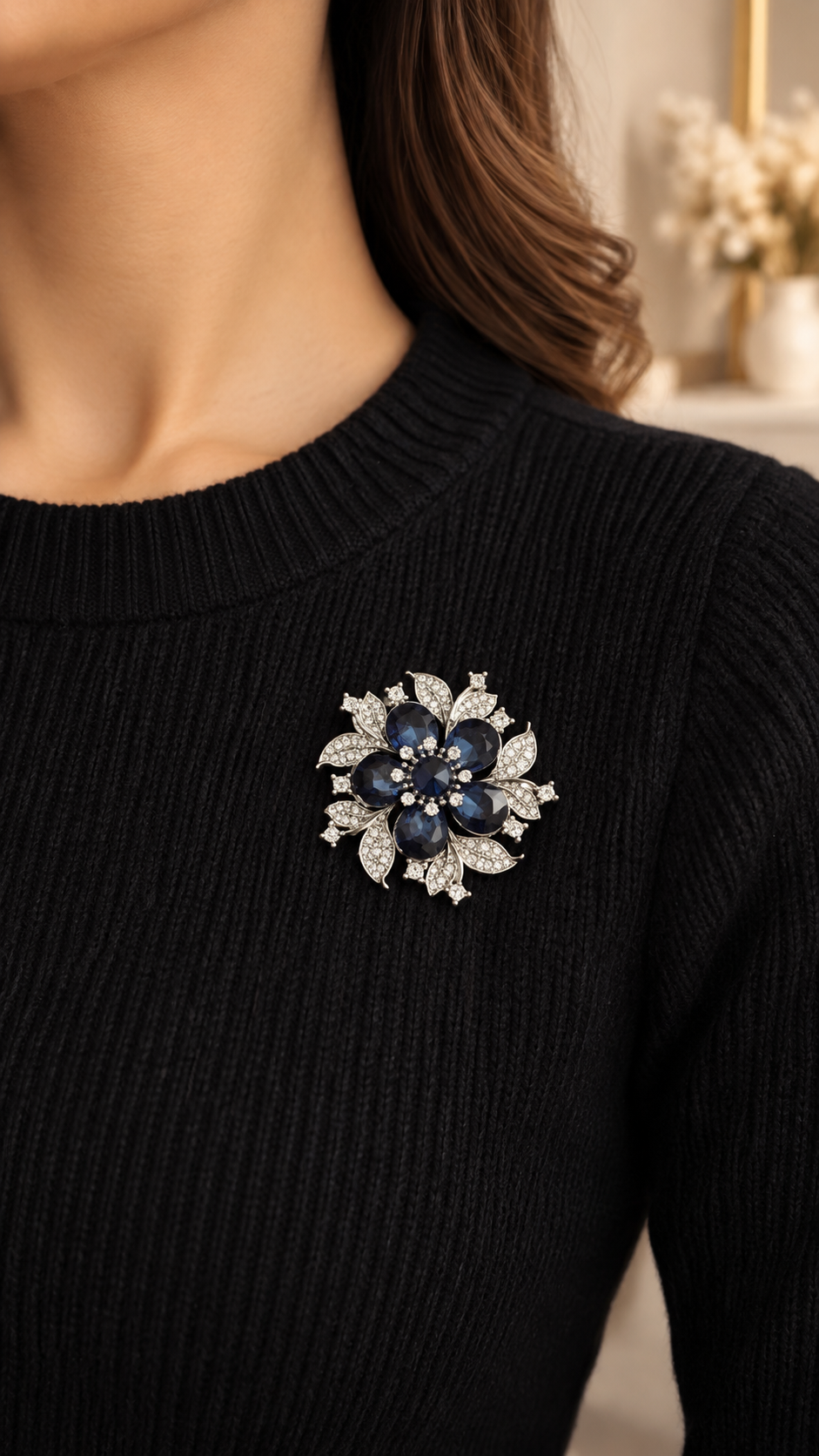 Elegante Blumenbrosche Silber Blau – Vintage Brosche mit Strasssteinen | Damen Schmuck