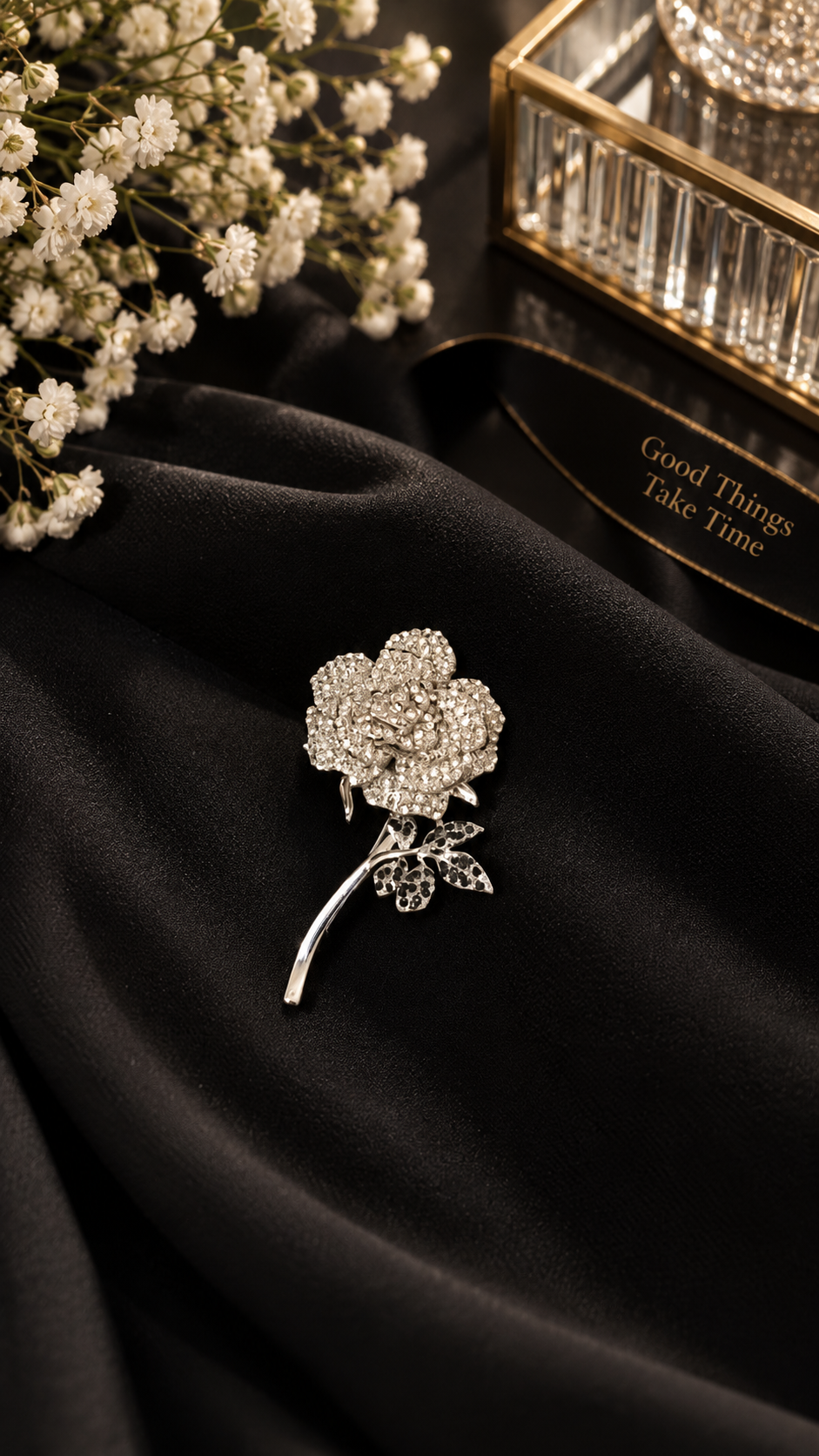 Elegante Rosen Brosche Silber mit Strasssteinen – Vintage Blumenbrosche für Damen