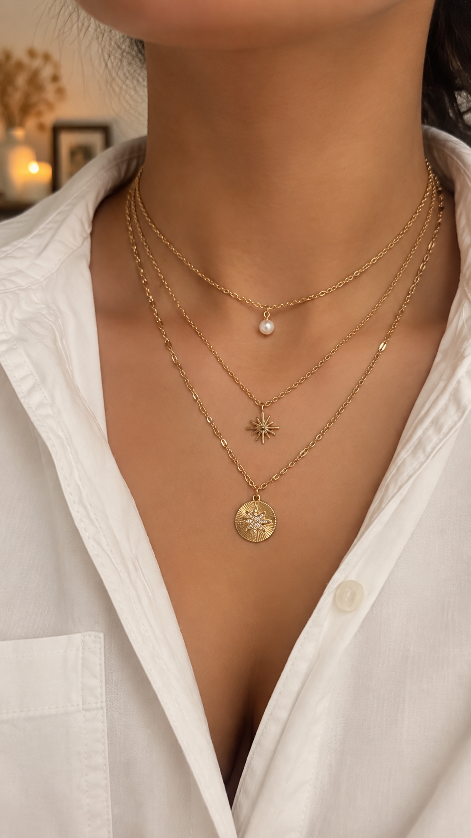 3-reihige Layering Halskette Gold | Perle & Stern Anhänger