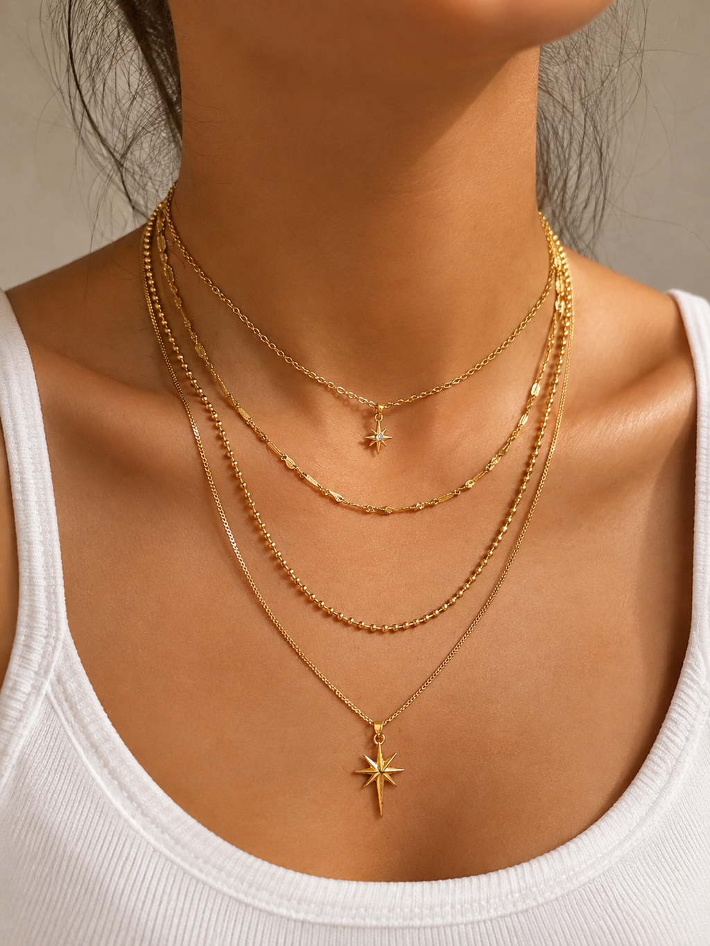 Layering Halskette Gold mit Stern – 2 Doppelkette | Edelstahl 14K vergoldet