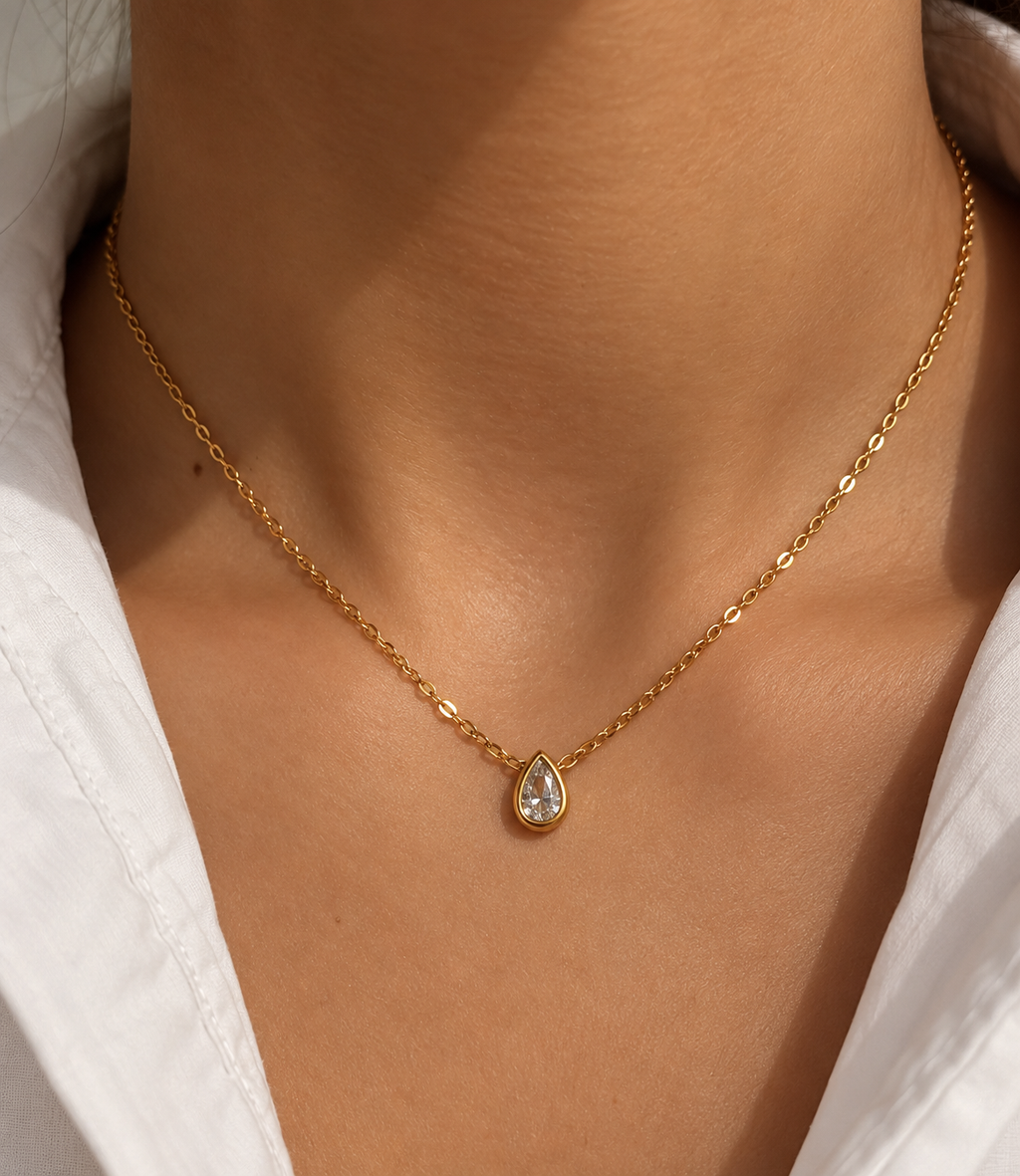 Tropfen Halskette Gold mit Zirkonia | Filigrane Edelstahl Kette