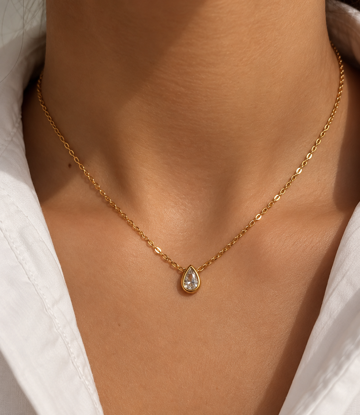 Tropfen Halskette Gold mit Zirkonia | Filigrane Edelstahl Kette