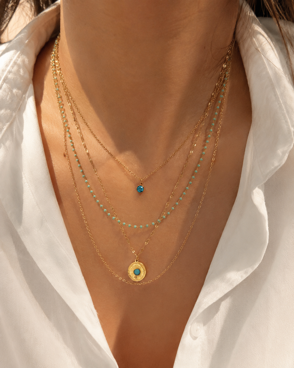 Layering Halskette Türkis & Gold – Mehrreihige Edelstahl Kette mit Anhänger