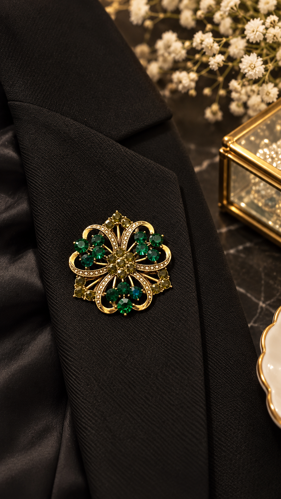 Grüne Blumenbrosche mit Strasssteinen – Elegante Brosche in Gold | Vintage Schmuck für Damen