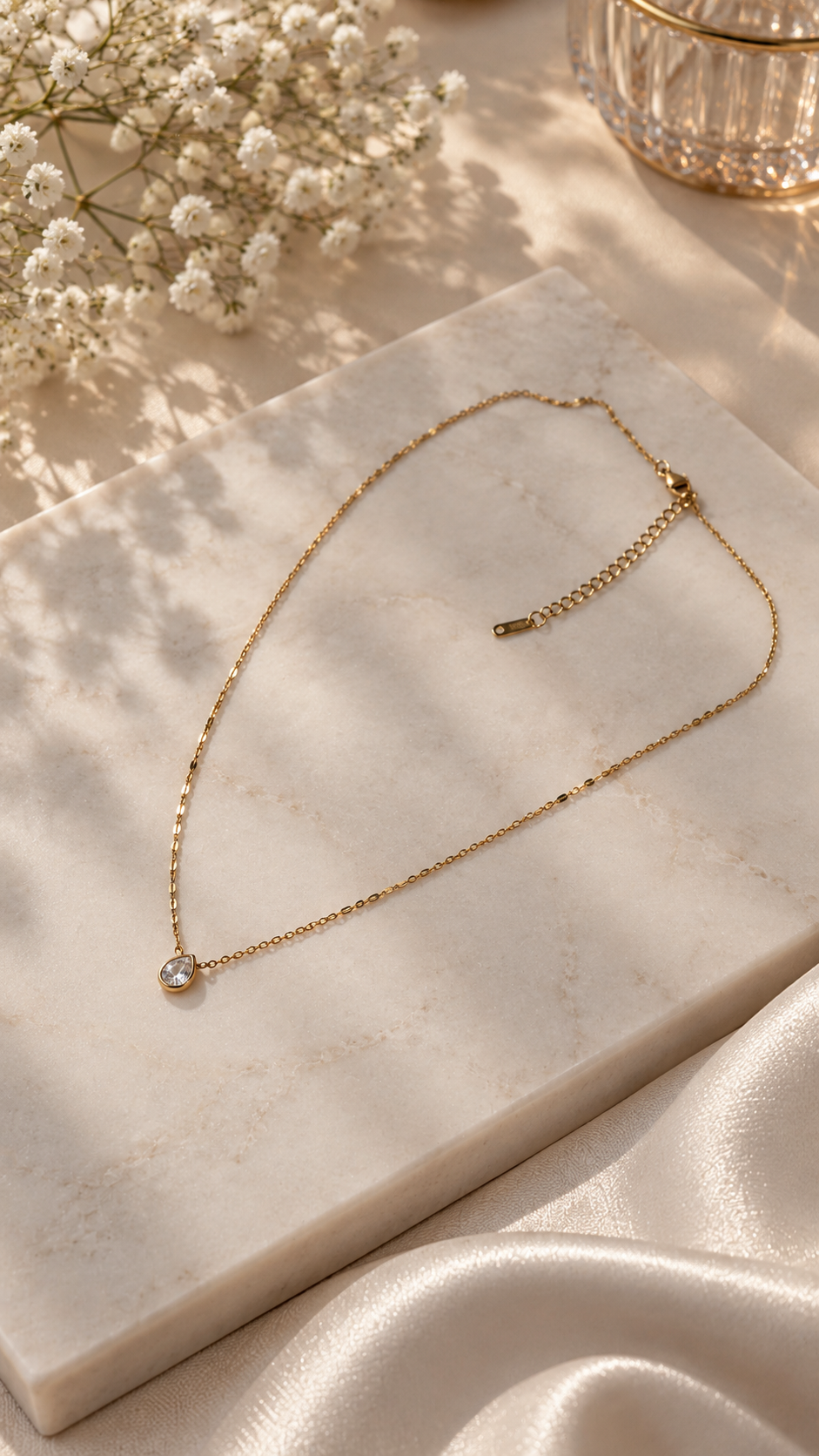 Tropfen Halskette Gold mit Zirkonia | Filigrane Edelstahl Kette