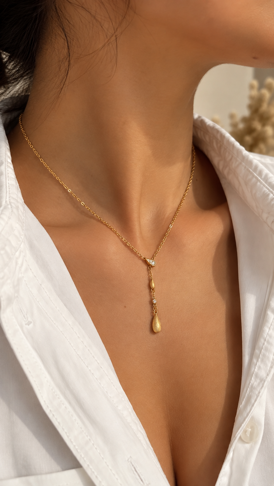 Y-Kette Gold mit Tropfen Anhänger | Elegante Edelstahl Halskette
