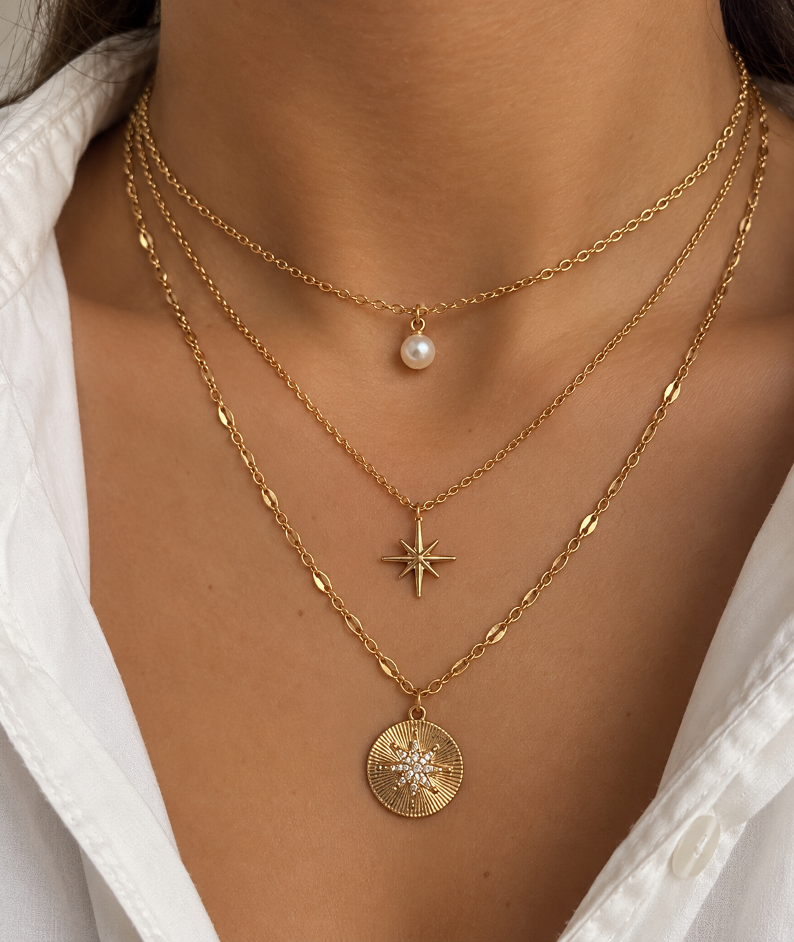 3-reihige Layering Halskette Gold | Perle & Stern Anhänger