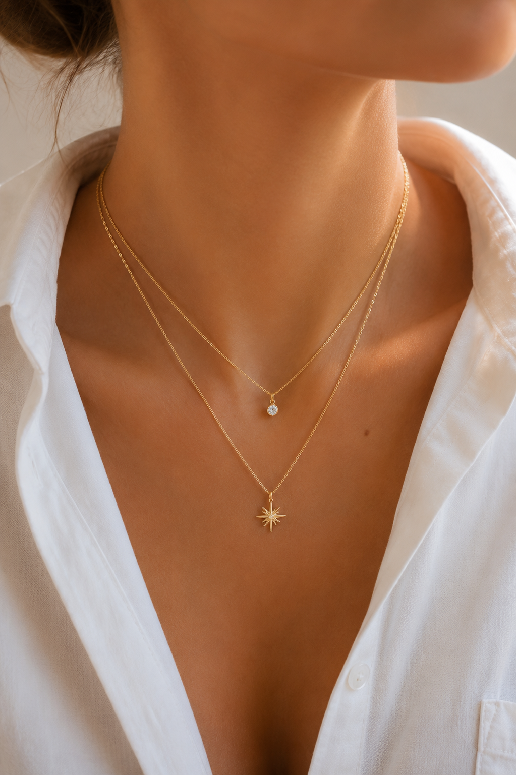 Doppelkette mit Stern Anhänger & Zirkonia – Edelstahl Gold & Silber