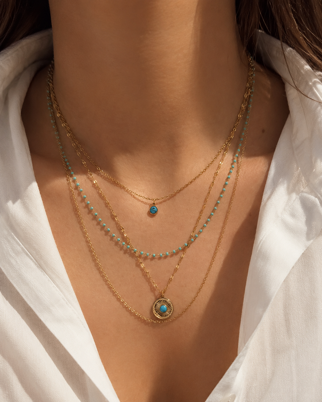 Layering Halskette Türkis & Gold – Mehrreihige Edelstahl Kette mit Anhänger