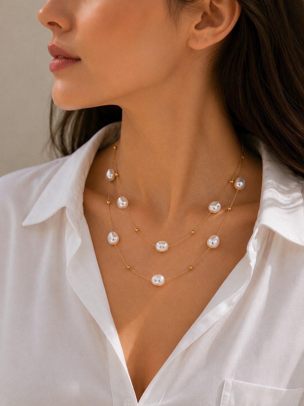 Doppelkette mit Perlen – Edelstahl Halskette Gold & Silber