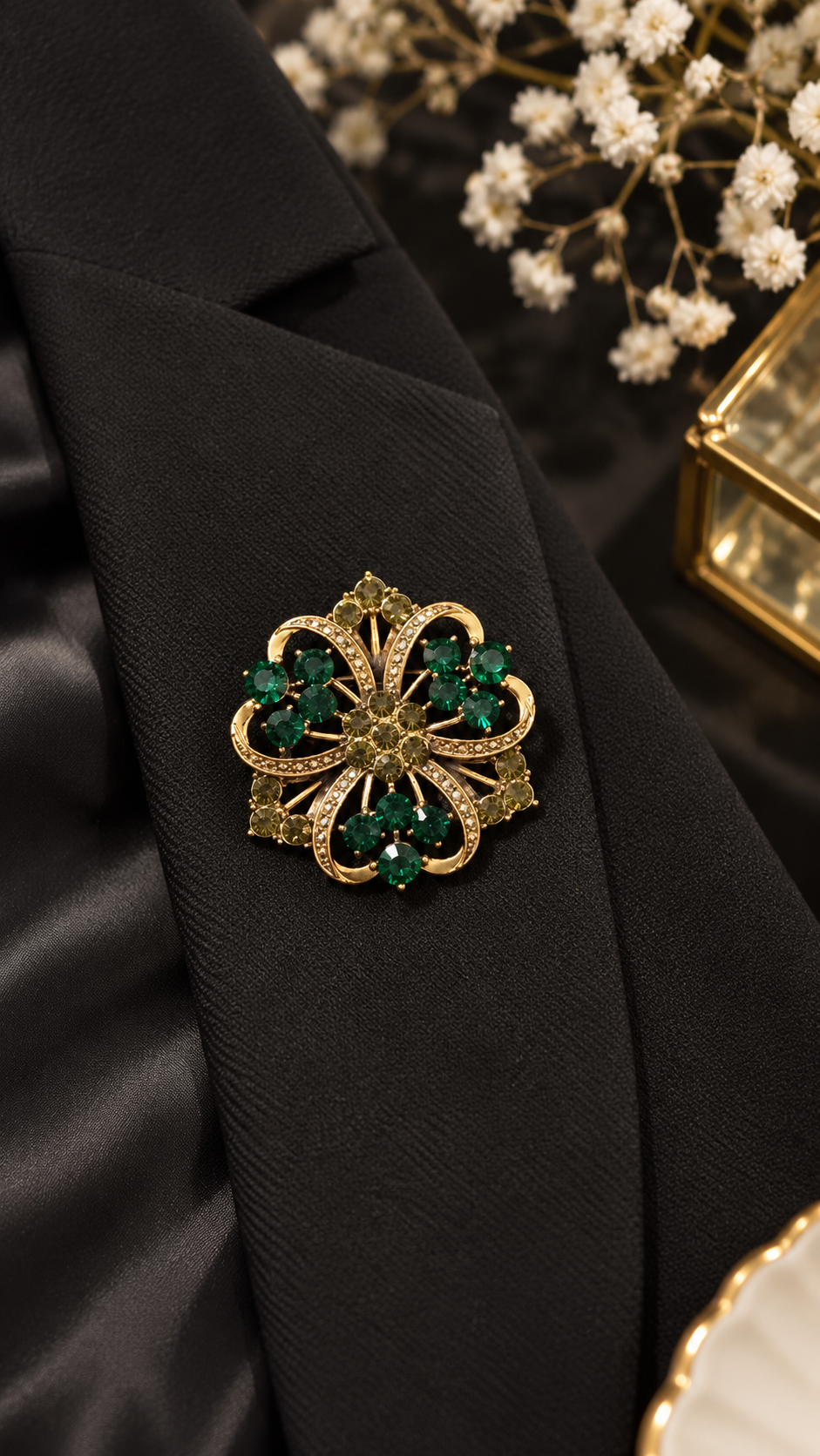 Grüne Blumenbrosche mit Strasssteinen – Elegante Brosche in Gold | Vintage Schmuck für Damen