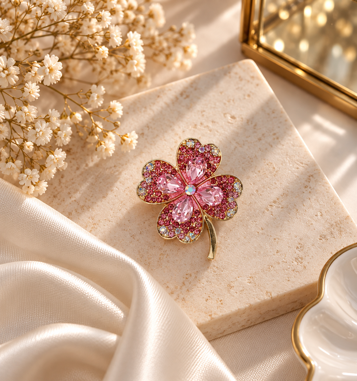 Kleeblatt Brosche mit Kristallsteinen – Gold | Grün & Rosa