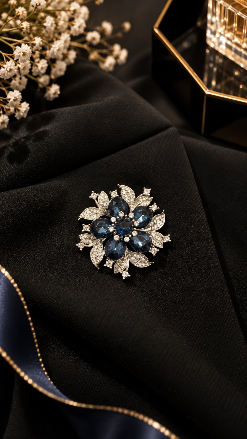 Elegante Blumenbrosche Silber Blau – Vintage Brosche mit Strasssteinen | Damen Schmuck