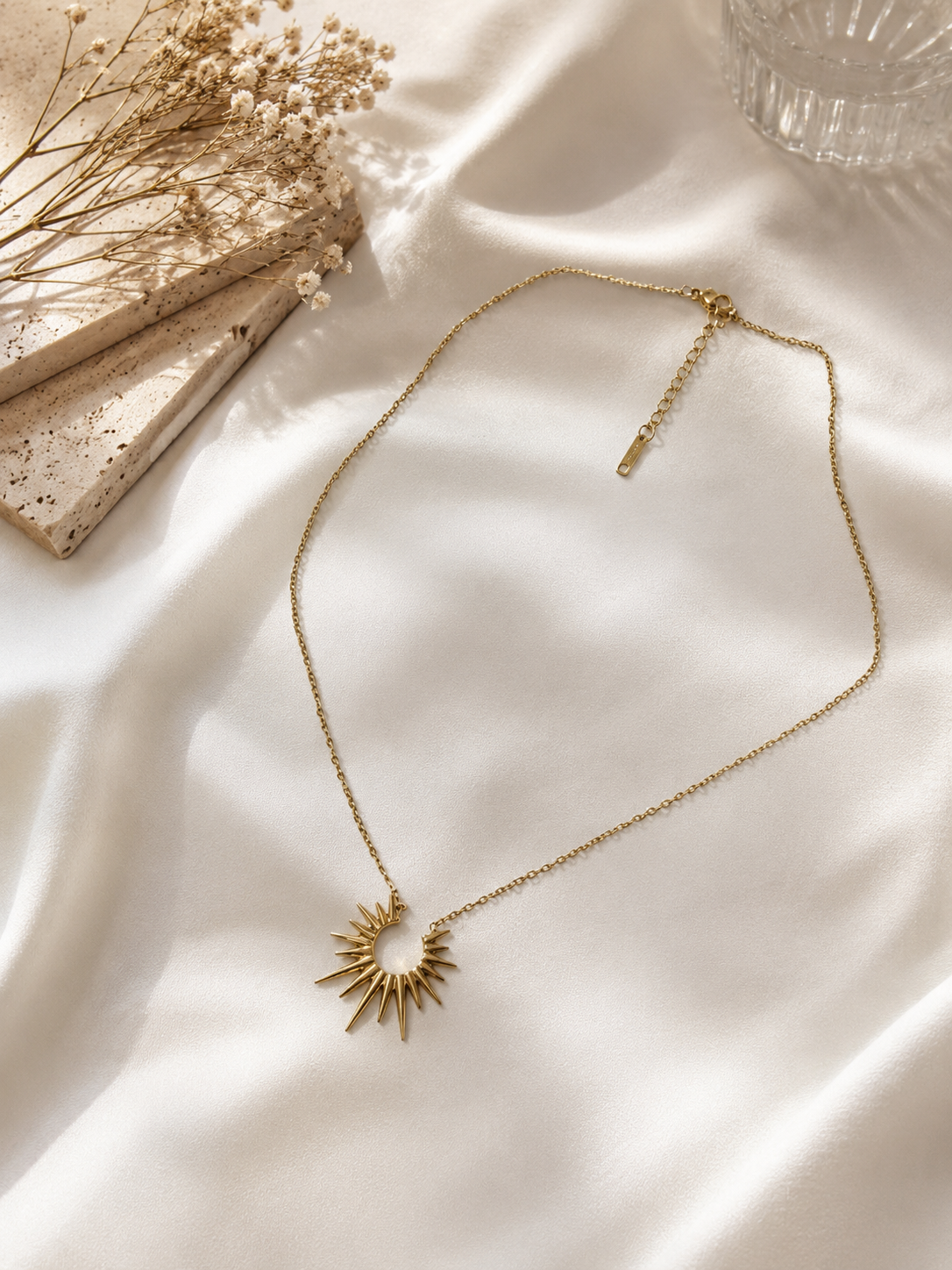 Sonnen Halskette Gold | Edelstahl Kette mit Sunburst Anhänger