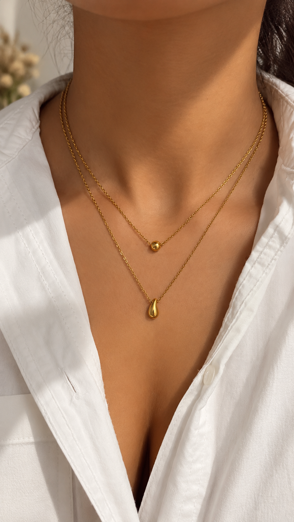 Doppelkette Gold mit Tropfen Anhänger | Edelstahl Layering Halskette