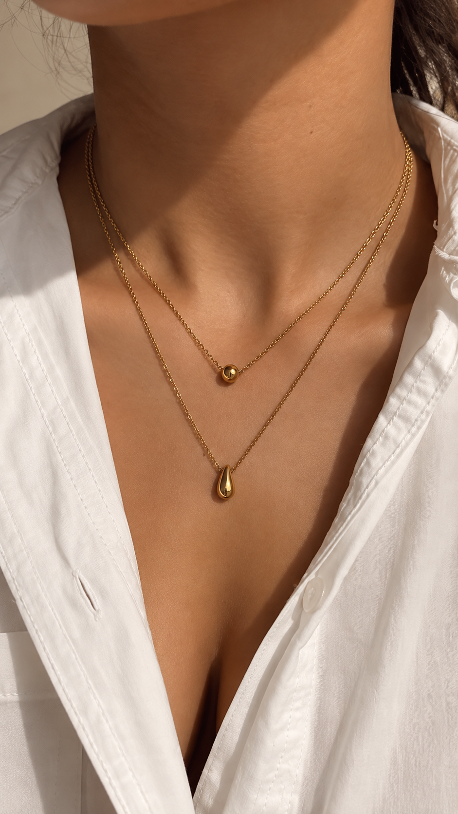 Doppelkette Gold mit Tropfen Anhänger | Edelstahl Layering Halskette