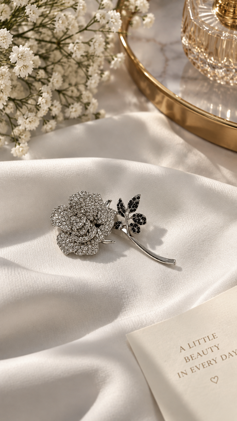 Elegante Rosen Brosche Silber mit Strasssteinen – Vintage Blumenbrosche für Damen