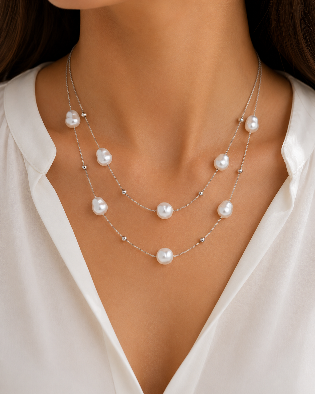 Doppelkette mit Perlen – Edelstahl Halskette Gold & Silber