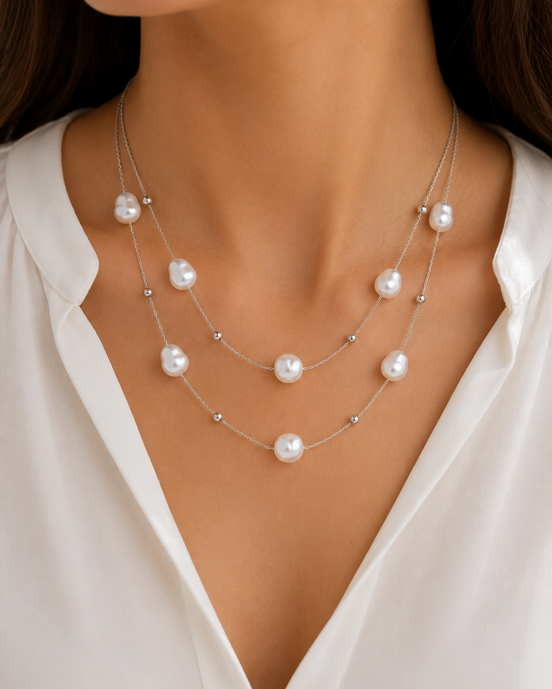 Doppelkette mit Perlen – Edelstahl Halskette Gold & Silber