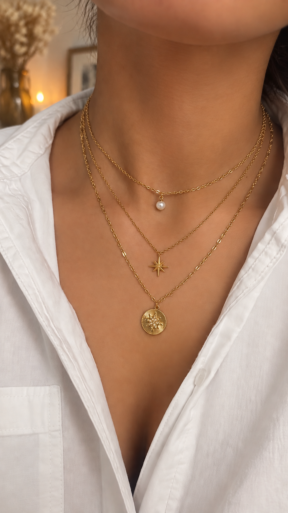 3-reihige Layering Halskette Gold | Perle & Stern Anhänger