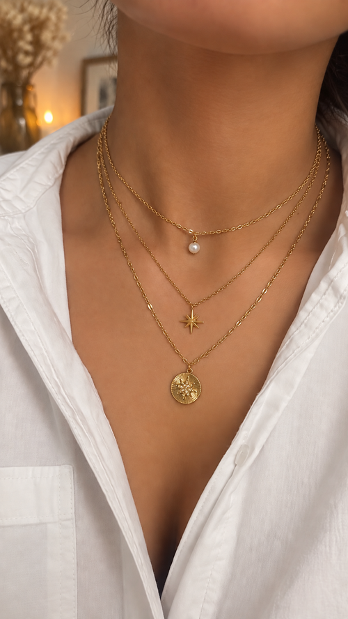 3-reihige Layering Halskette Gold | Perle & Stern Anhänger