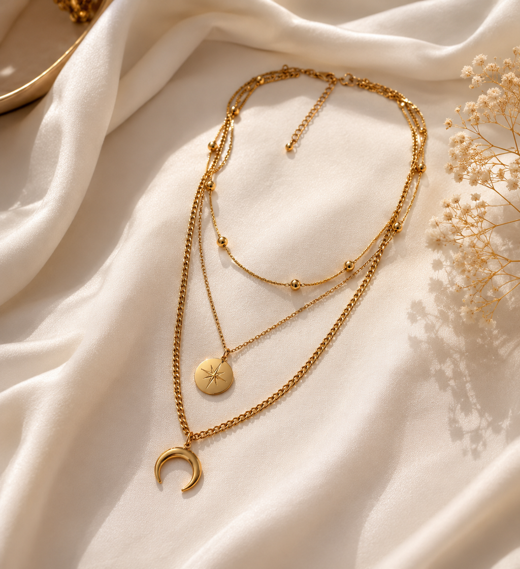 3-reihige Layering Halskette Gold | Mond & Stern Edelstahl Kette