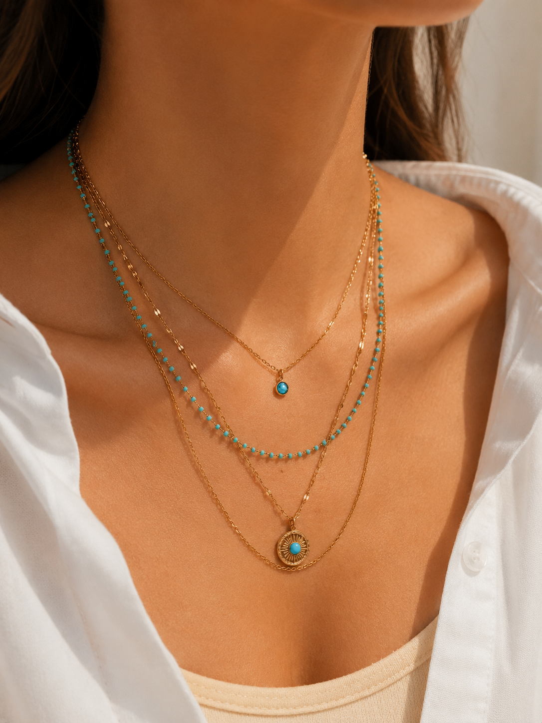 Layering Halskette Türkis & Gold – Mehrreihige Edelstahl Kette mit Anhänger
